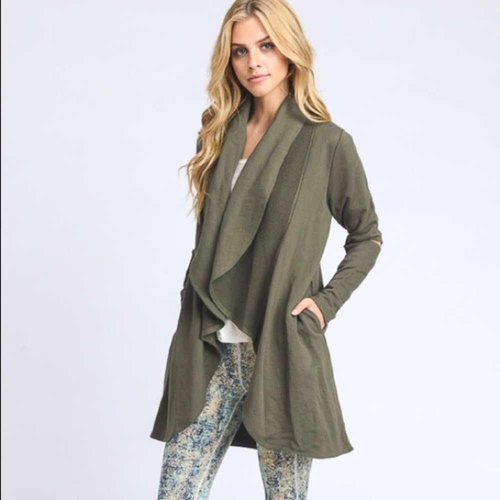Olive Open Front Cardigan With Cutout Sleeve - Picture 2 of 6